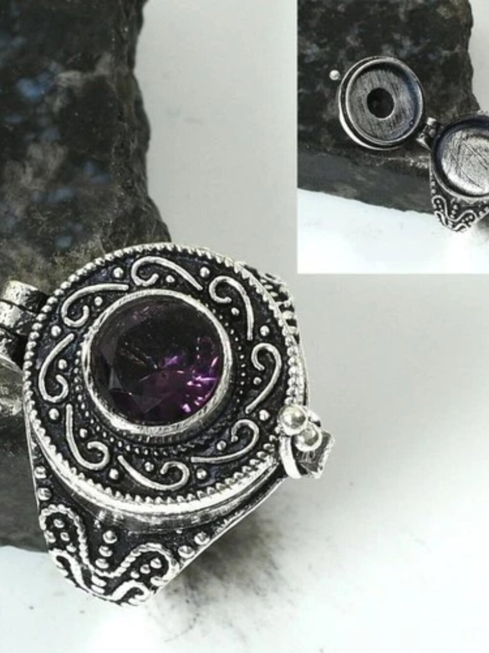 Amethyst Gemstone Sterling Silver Poison Box Ring Size 6.5